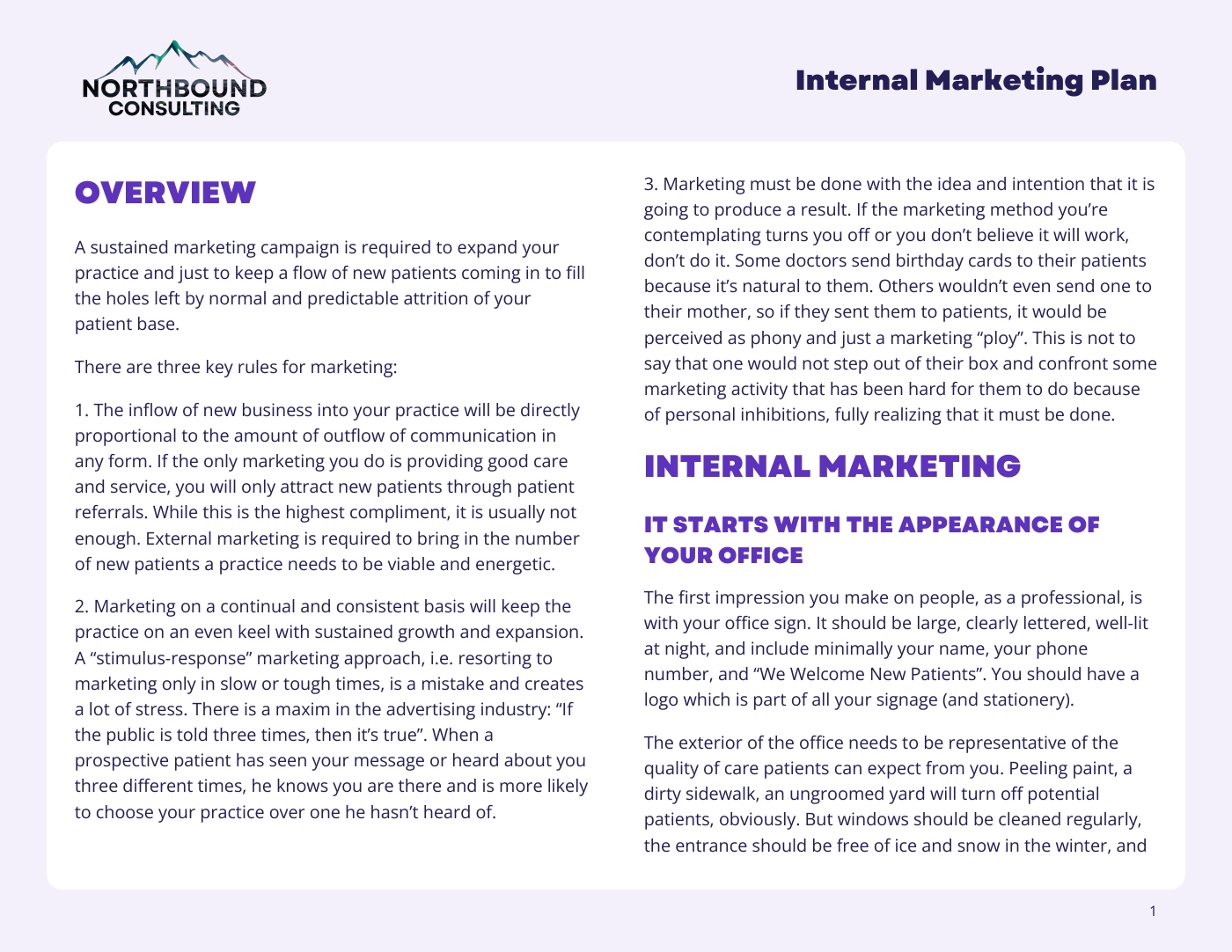 Actual first page of Northbound’s Internal Marketing Plan